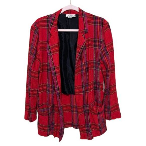 VTG Savvey Blazer Womens Medium Open Front Pockets  Red Plaid Rayon USA Academia - Picture 1 of 7